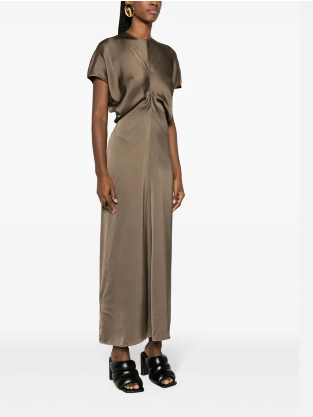 Toteme Satin Slouch-Waist Maxi Dress in Taupe
